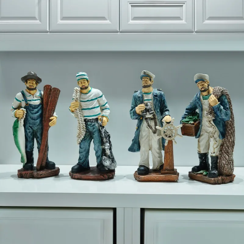 Mediterranean Sea Captain Sailor Statue Resin Fisherman Figurine Nautical Bar Cafe Decor