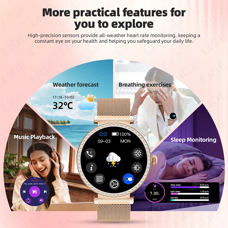 Nieuwe luxe diamanten slimme horloge dames Bluetooth-oproep smartwatch hartslaggezondheidsmonitor smartwatches waterdichte armband dames