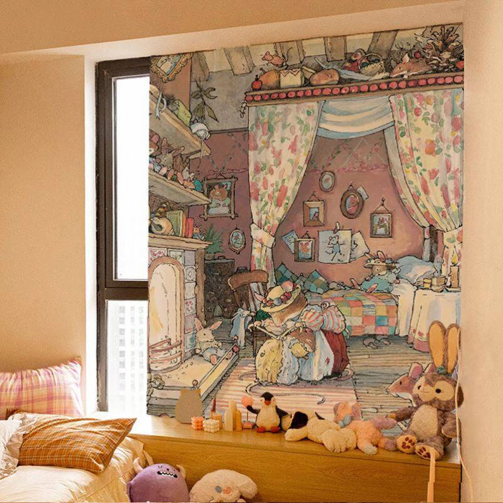 Brambly Hedge Cartoon Fairy Tale Wall Tapestry Cute Hanging Cloth for Dormitory And Bedroom Decorative Hanging Cloth
