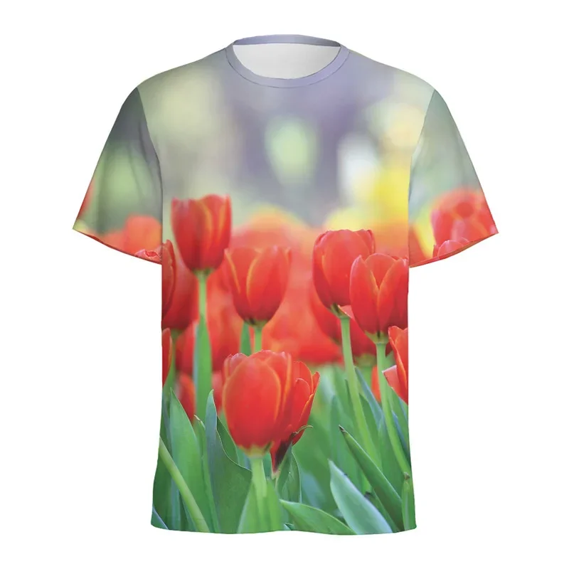Dutch Tulip Flower Pattern T-shirt Tops Women 3D Printed Floral Tees Summer Round Neck T Shirt for Men Loose Short Sleeves