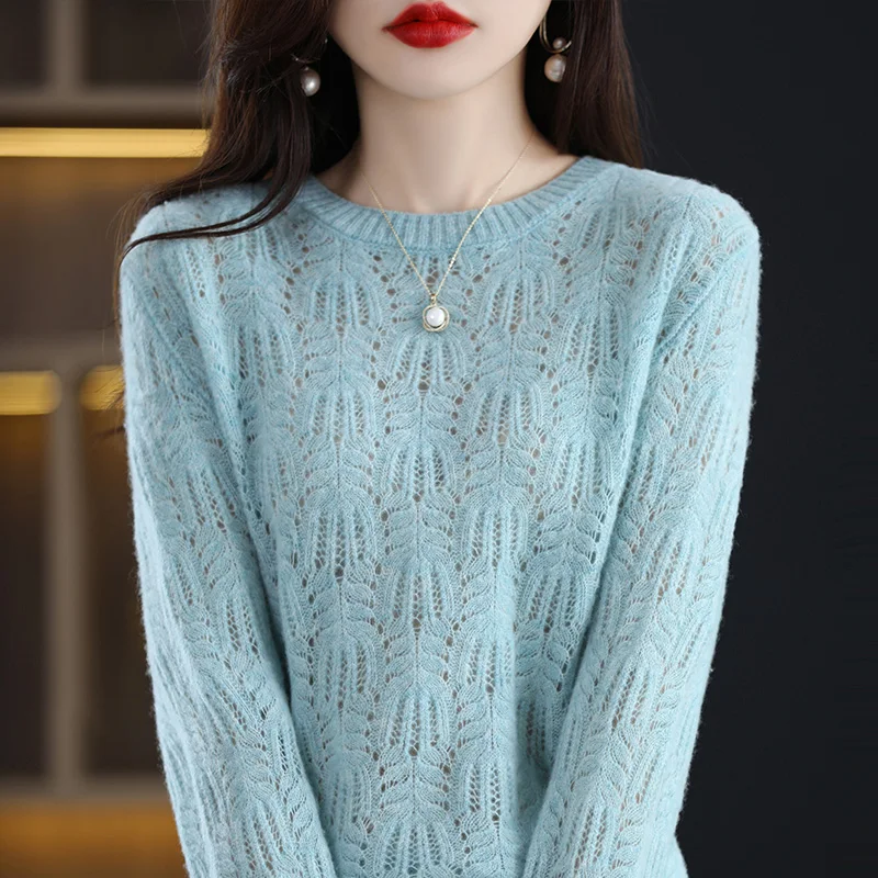 Spring/Autumn New Fashion Crocheted Hollow Top Women\'s Pure Wool Knitted Sweater Round Neck Loose Phoenix Flower Knit Pullover