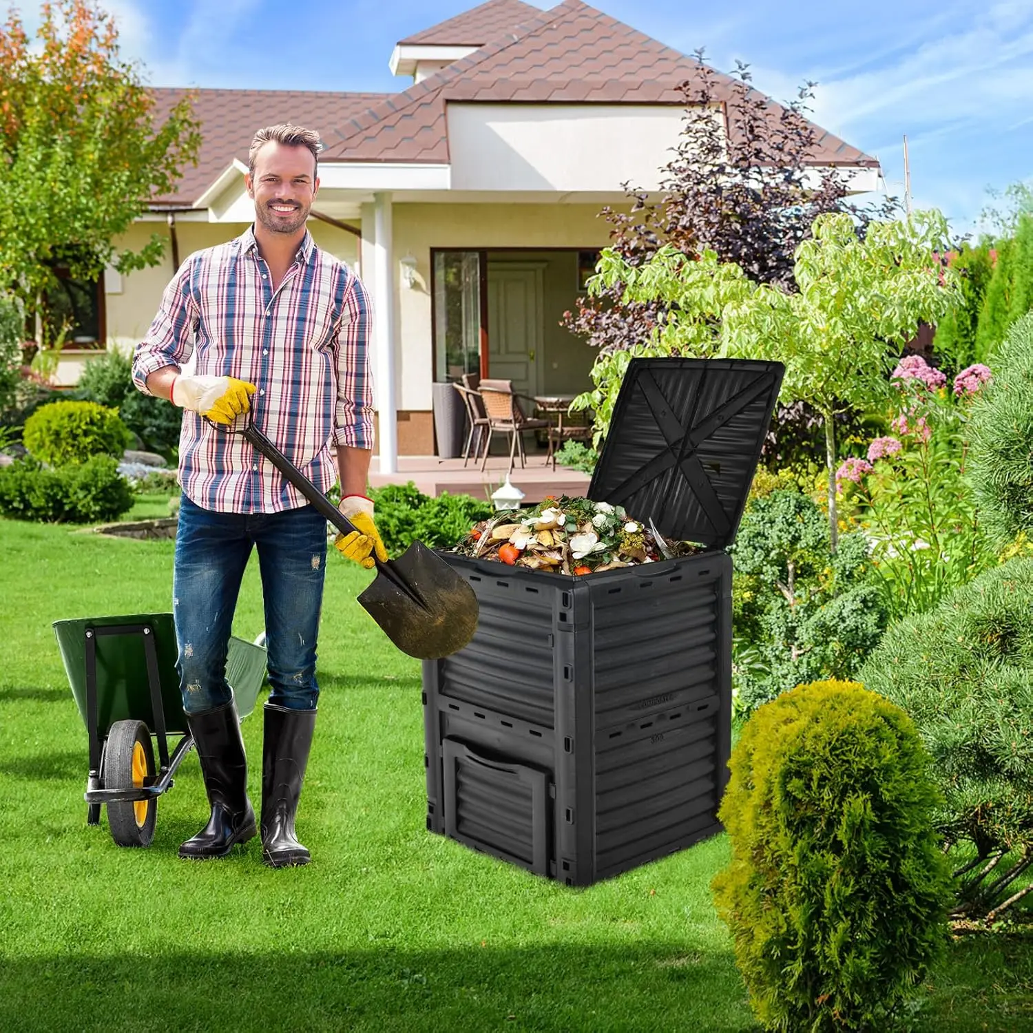 Compost Bin, 80 Gallon (300 L) Large Outdoor Composting Box w/Top Flip Latch-on Lid, Bottom Exit Door, BPA Free Material,