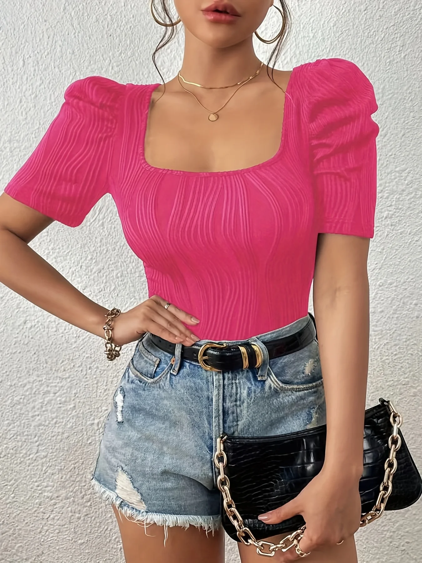 Women\'s Plain Textured Puff Sleeve Tee Elegant Fashion Square Neck Short Sleeve T Shirt For Daily Outdoor Wear