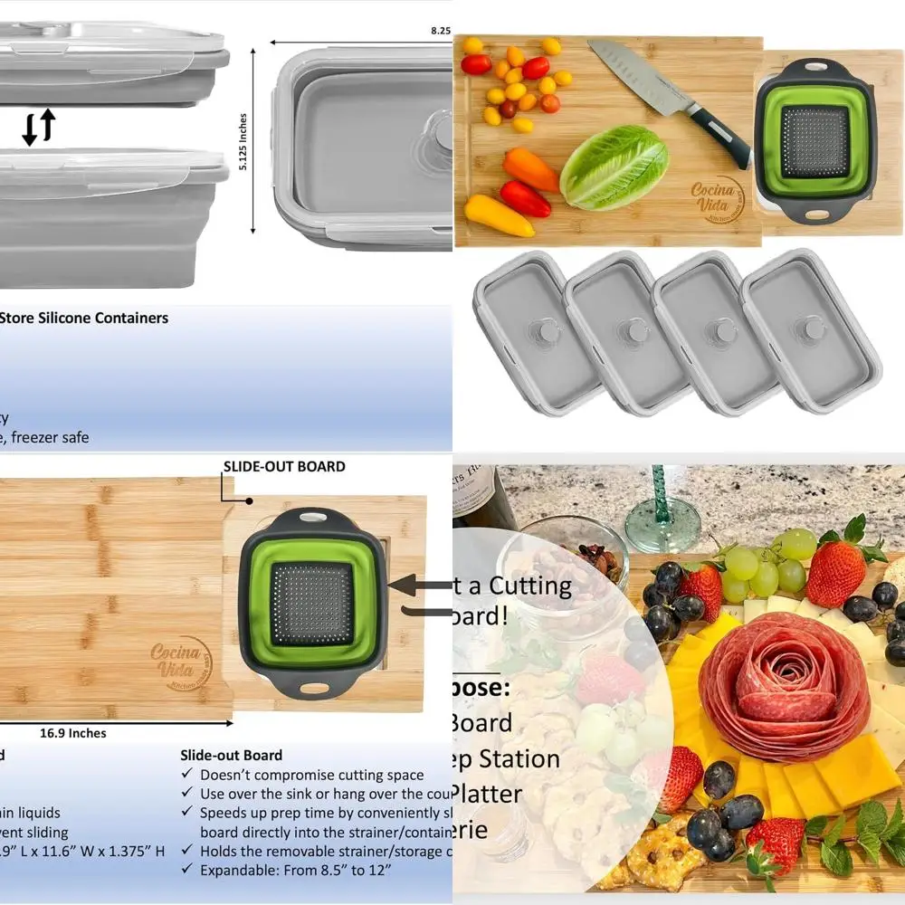 

All-in-One Bamboo Chopping Board with Collapsible Containers & Strainer for Kitchen Meal Prep