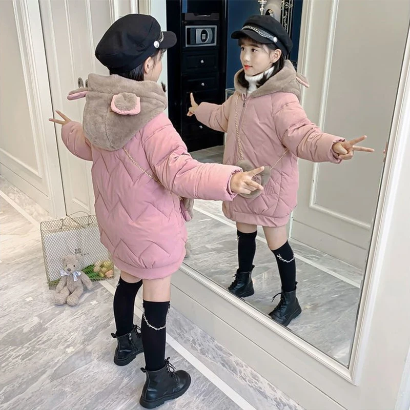 6 8 10 12 14 Years Big Girls Coat Plus Velvet Warm Winter Jacket For Girl Fashion Hooded Long Parkas Children Outerwear Clothing