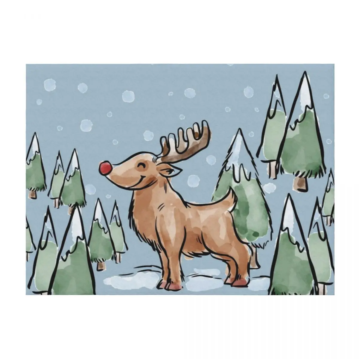 

Watercolor Painting of Red Nose Reindeer in Christmas Snow Throw Blanket Cute wednesday manga Custom Blankets