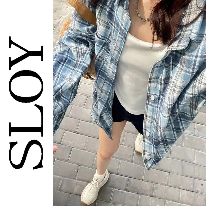 SLOY Korean Trendy Blue Plaid Long Sleeved Thin Shirt for Women\'s Summer New Loose Meat Covering Sunscreen Top Trendy