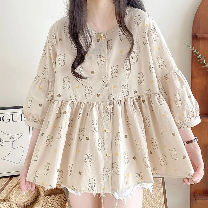 Japanese Cute Rabbit Full Printed Kawaii Shirts Loose Doll A-shape Blouse Summer Lantern Sleeve Skirt Hem Korean Girls Women Top