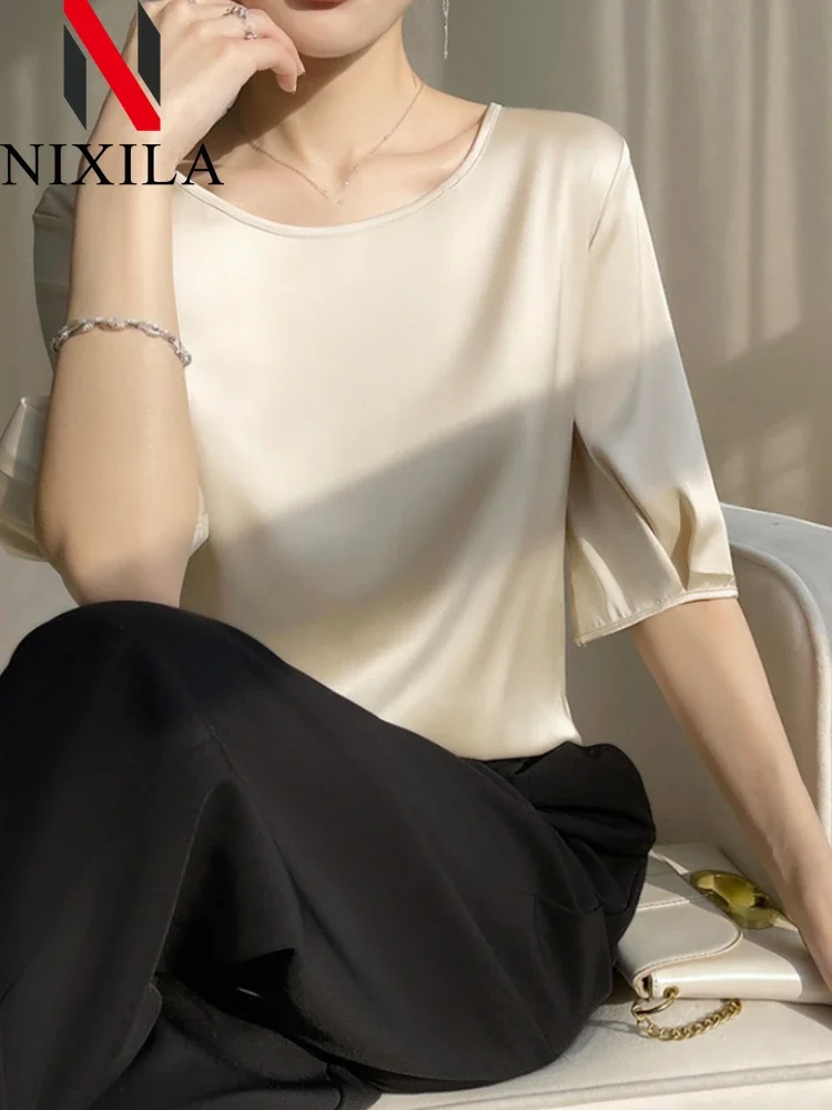 New in Summer Woman Silk Blouse Elegant T-shirt Simple Satin Office Smooth Tops Aestetic Mujer Round Neck Oversized Clothing