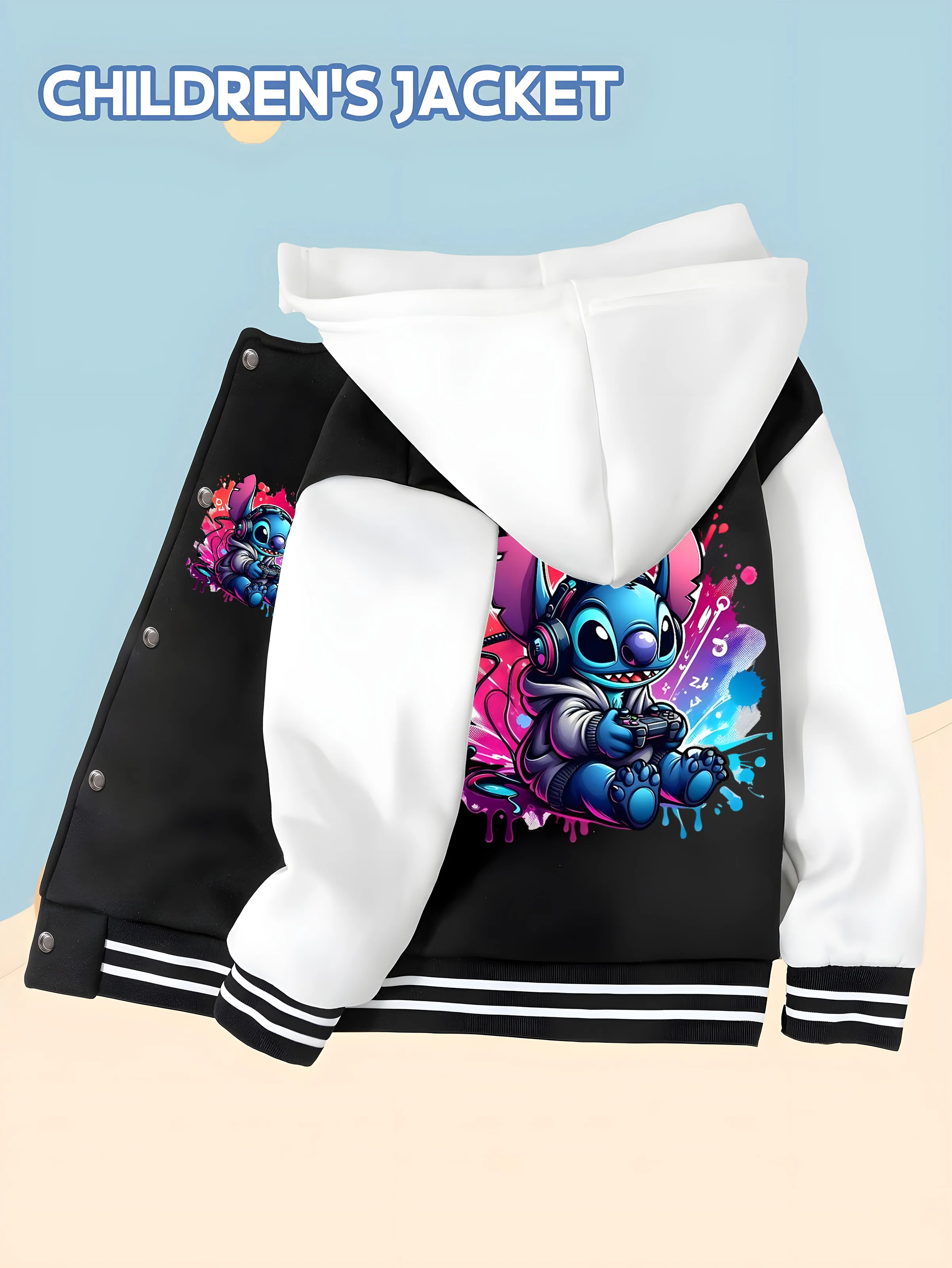 

MINISO Disney Boys' Baseball Jacket -Stitch Trendy Video Game Style Print,Colorful Splash Design,Perfect for Outdoor Wear,Trendy