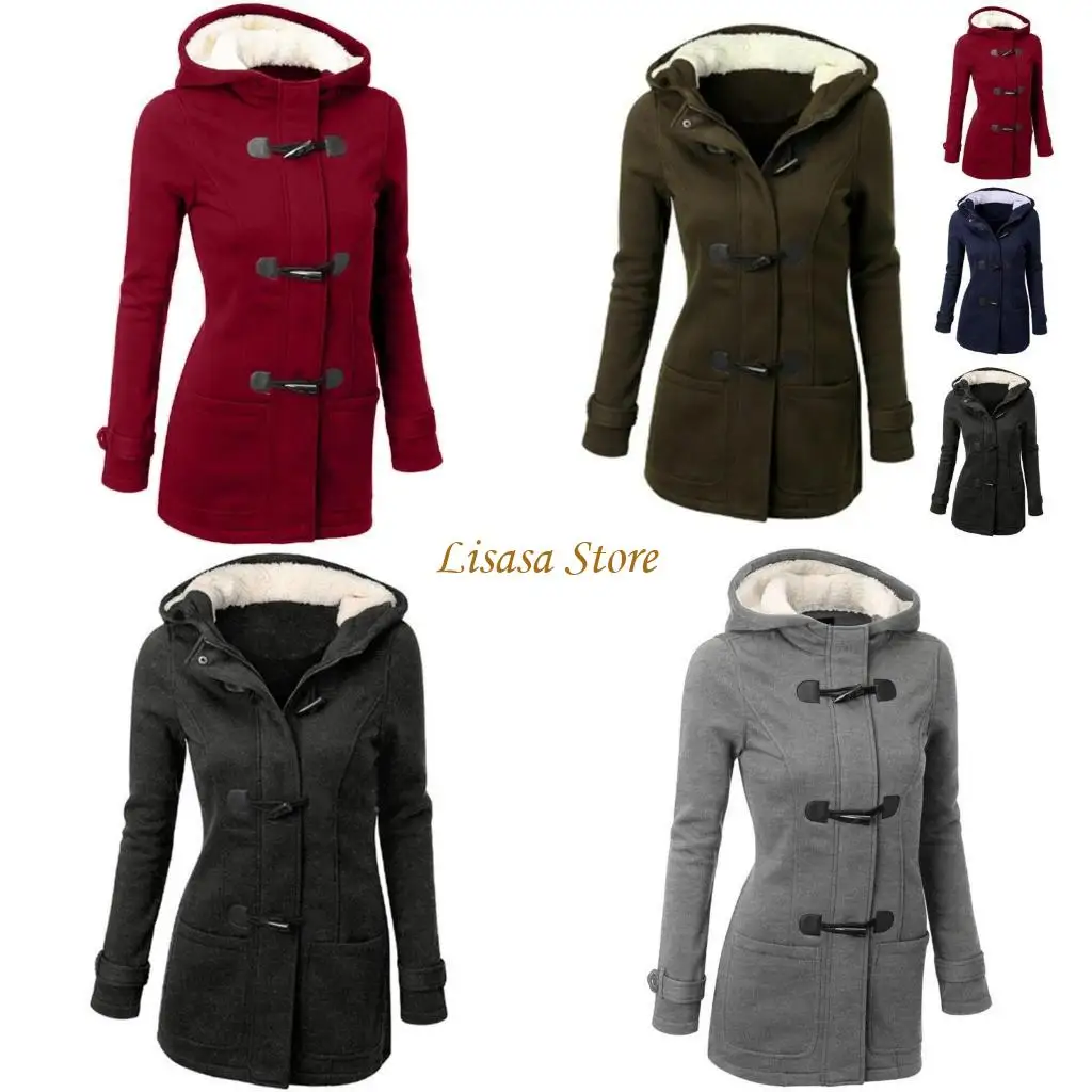 

M6CC Womens Fashion Horn Button Fleece Thicken Coat with Hood Winter Warm Jackets