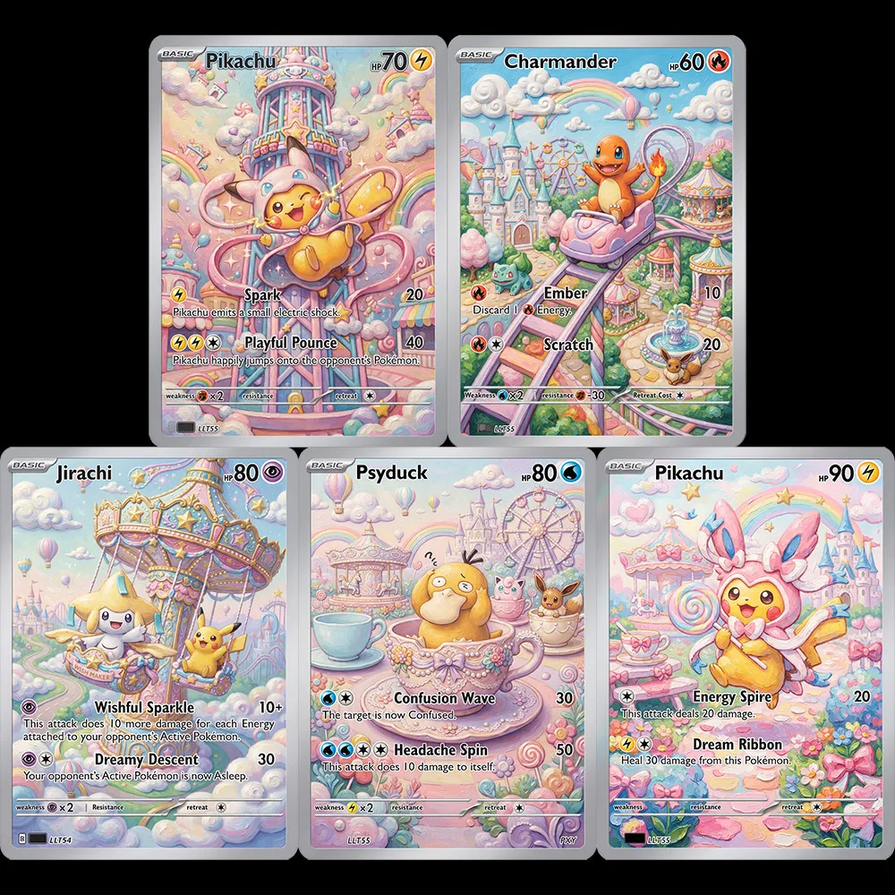 5Pcs PTCG Game Cards Jirachi Charmander Gengar Psyduck Sylveon Rare Holo Cards Gift Hobby Toys For Kids Collection Cards