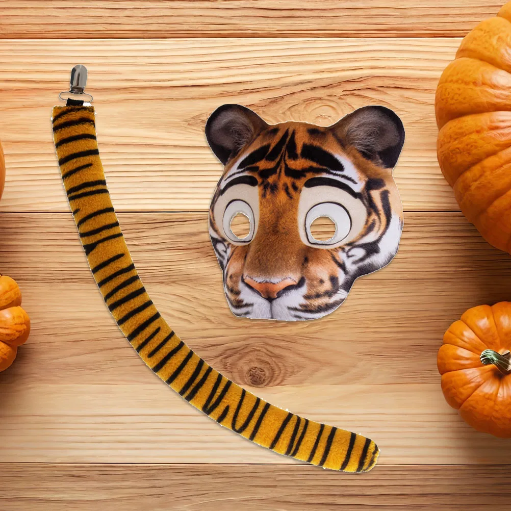 

1 Set Tiger Mask Costume Set Realistic Animal Mask With Tail Carnival Supplies With Comfortable Elastic Strap For Halloween