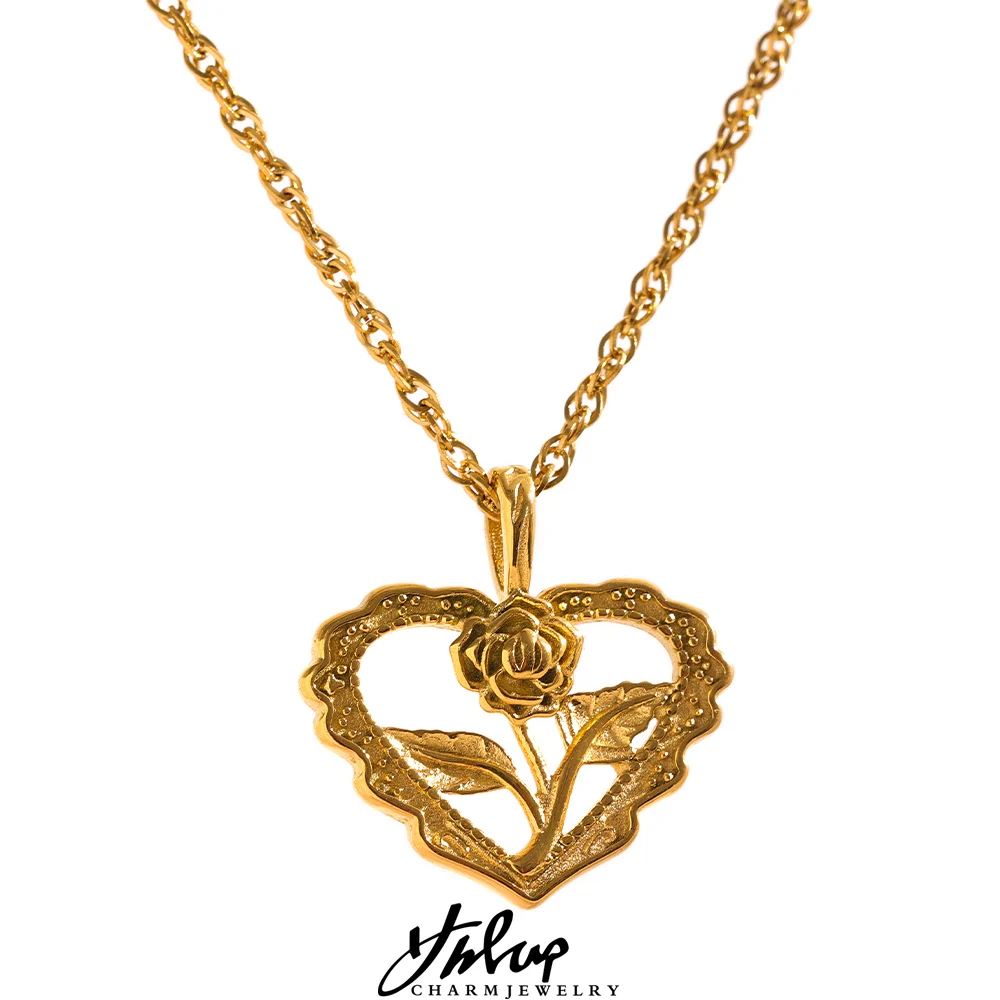 Yhpup Charm Stainless Steel Heart Hollow Cast Flower Pendant Gold Plated France Necklace Waterproof Fashion Chic Jewelry Women