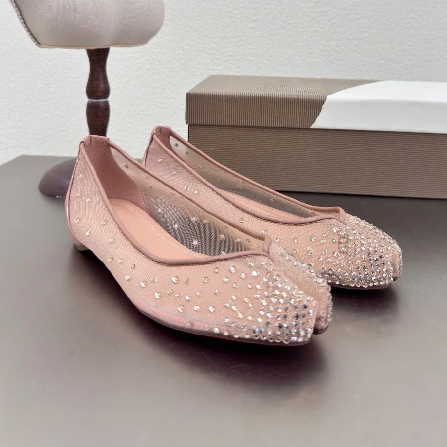 Summer Handmade BlingBling Crystal Splite-Toe Woman Flats Ballet Dance Shoes Mary Janes Mules Girls Tabi Mesh Breathable Loafers