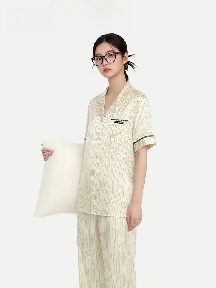Ladies Silk Sleepwear Short Sleeve Home Clothes Water Light Style Striped Lace Design Summer Cool Feeling Can Be Worn outside