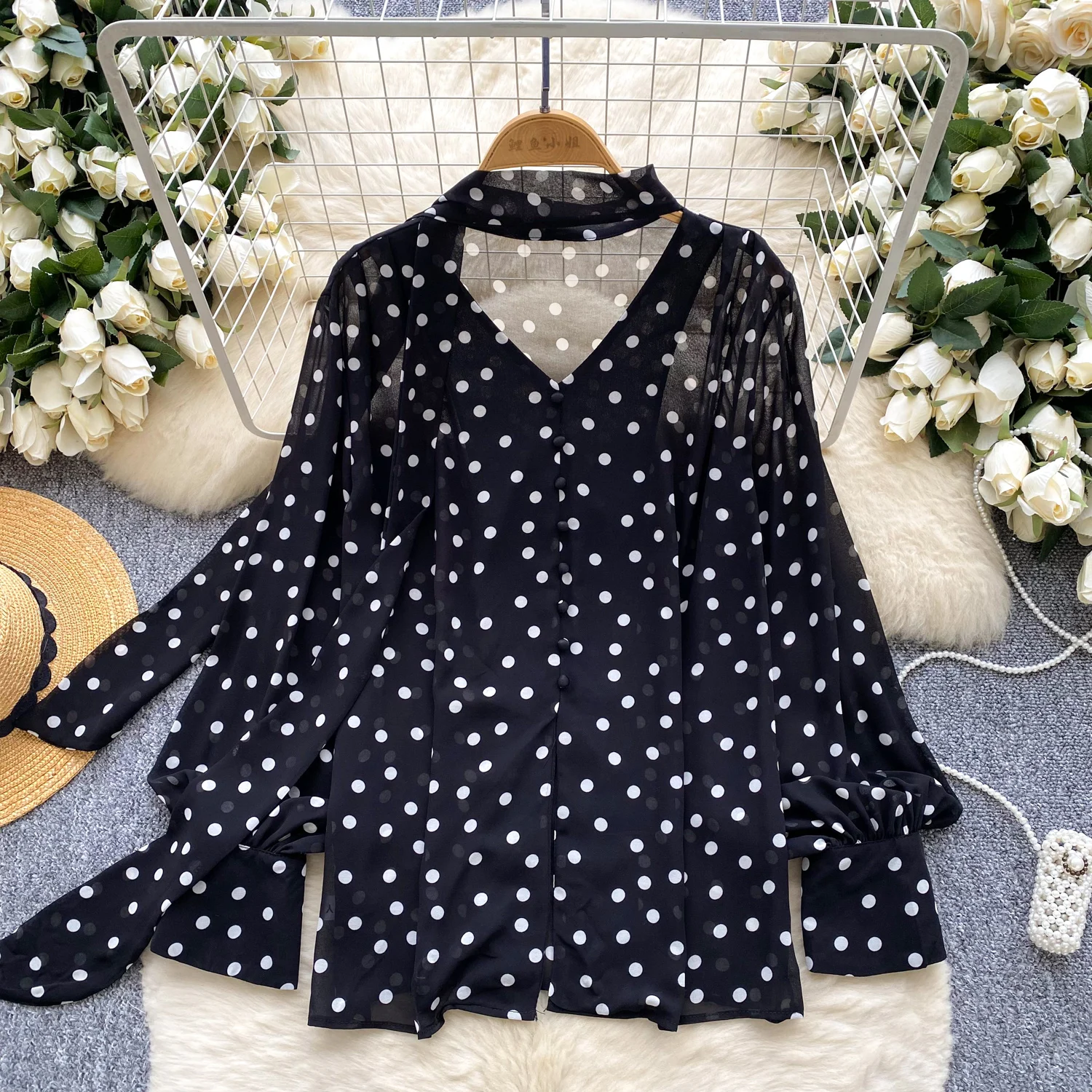 

Korean Retro Polka Dot Long Sleeve Shirt for Women Autumn Thin Ribbon Top