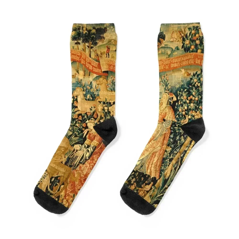 

MEDIEVAL DEER HUNTING SCENE WITH LADIES AND DOGS Antique Tapestry Socks retro Run Socks Girl Men's