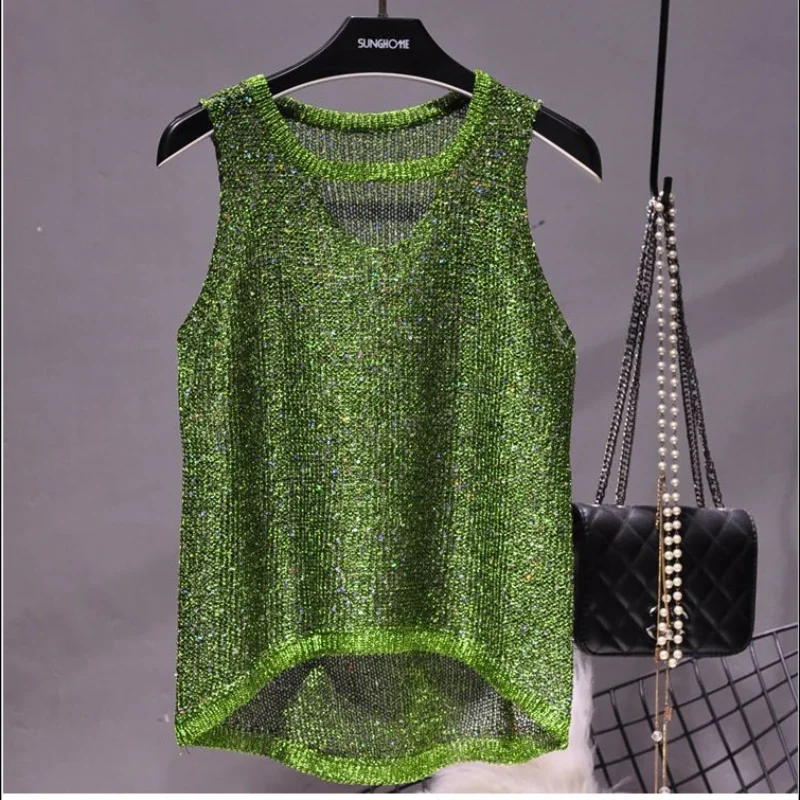 2024 Summer New Hong Kong Style Sexy Hollow Sequin Knit Camisole Sleeveless Hollow Top T-Shirt Women Tops