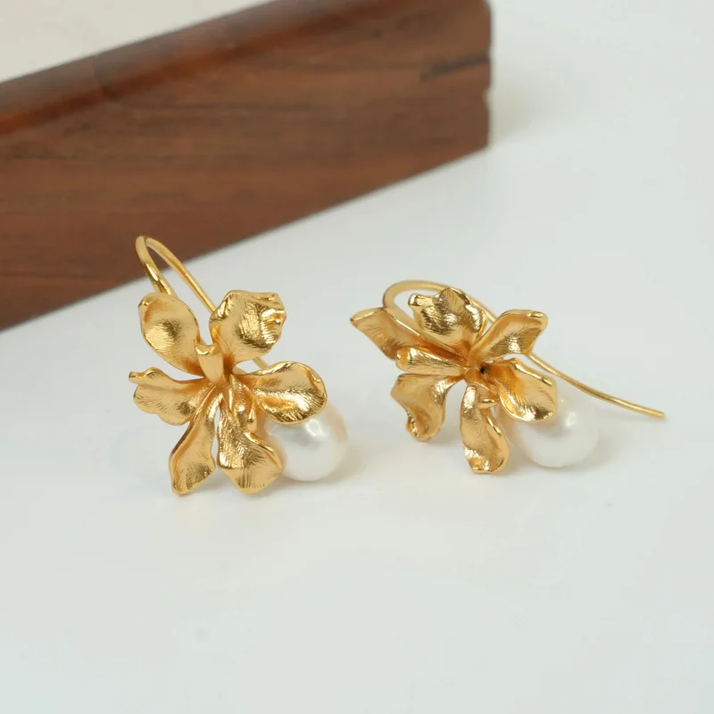 Litheline 24K Gold Plated Brass Iris Flower Fish Hook Earrings, Baroque Pearl Lead-Nickel-Sensitive Piercings Friendly view 5