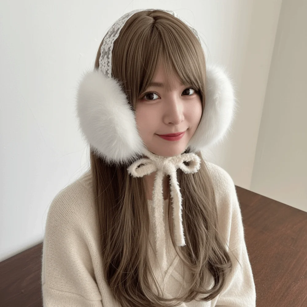 Bonito orelha boné rendas de pelúcia earmuffs jk headwear engrossar inverno earmuffs aquecedores de orelha à prova de vento quente orelha muffs menina