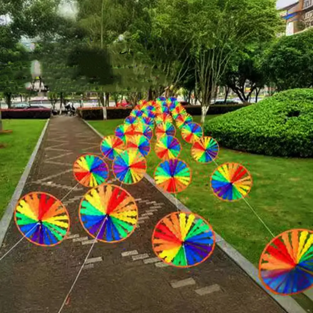 8pcs/set 28cm 10meters String Windmill Plastic Rainbow Colors Disc Colored Windmill Handmade with Steel Wire Rope