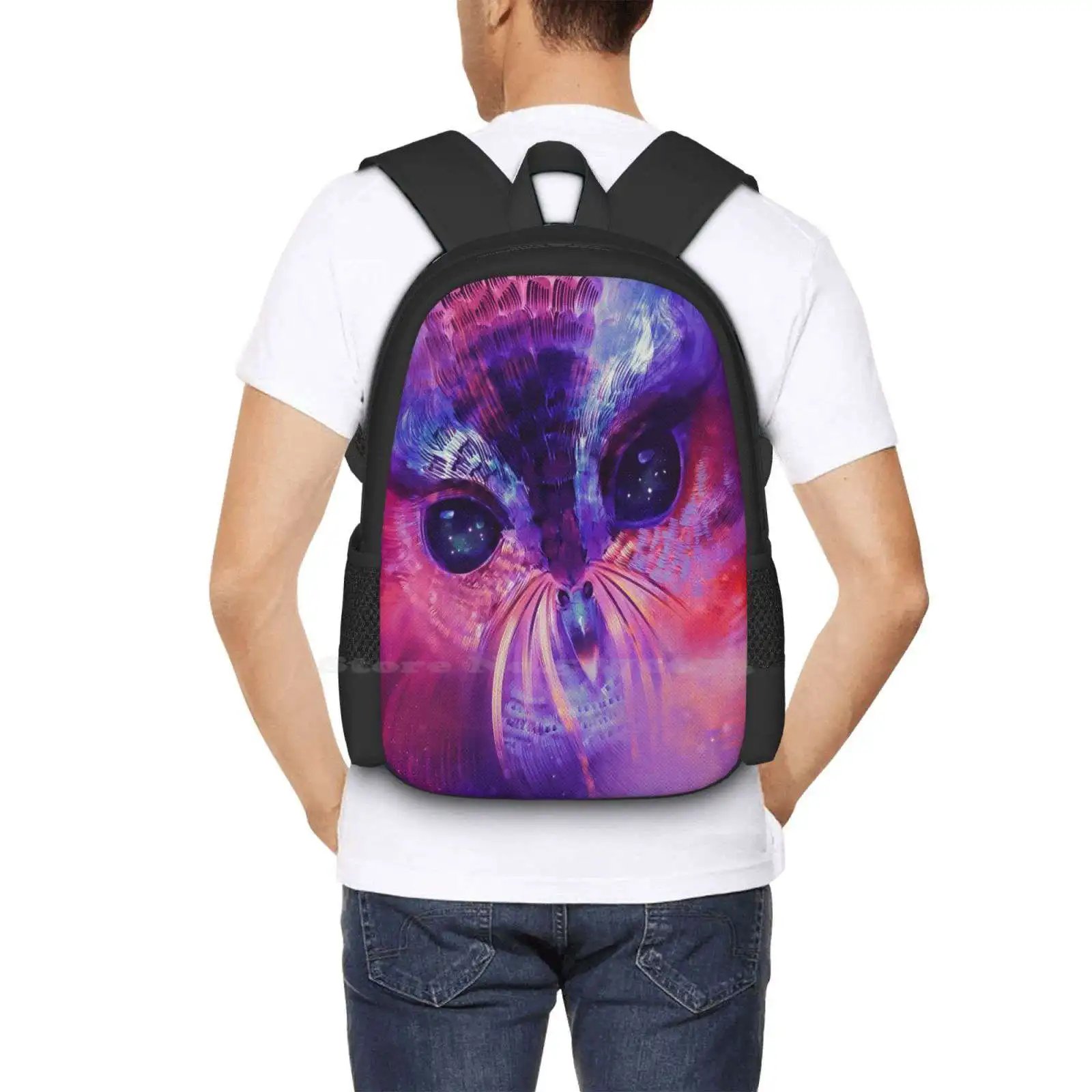 Mochila escolar con diseño de Zeus, bolso con diseño de búho, nebulosa, noche, estrellas, ojos, Arte Fino, colores del universo