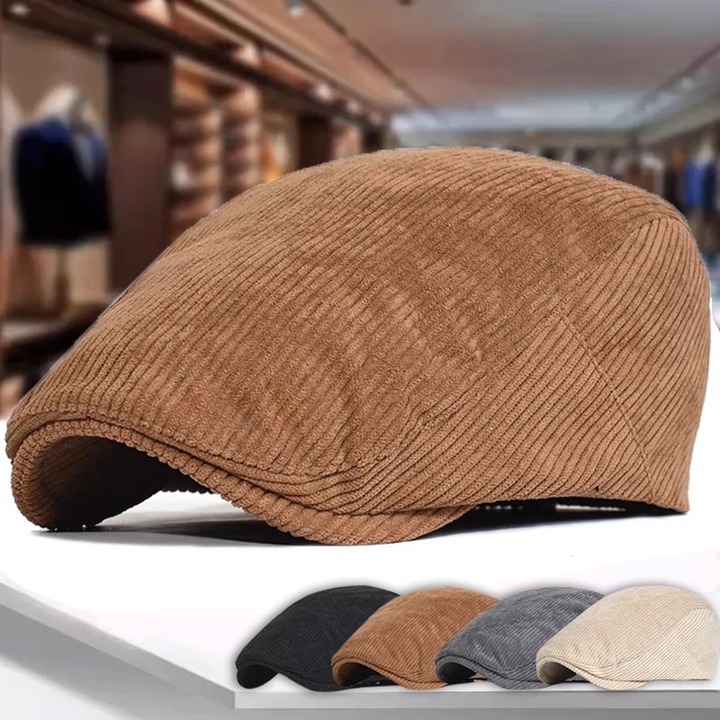 Vintage Corduroy  Caps Autumn Winter Beret Horn Retro Peaked Cap Forward Hat for Men Protection Fashion Peaky Blinder Cap