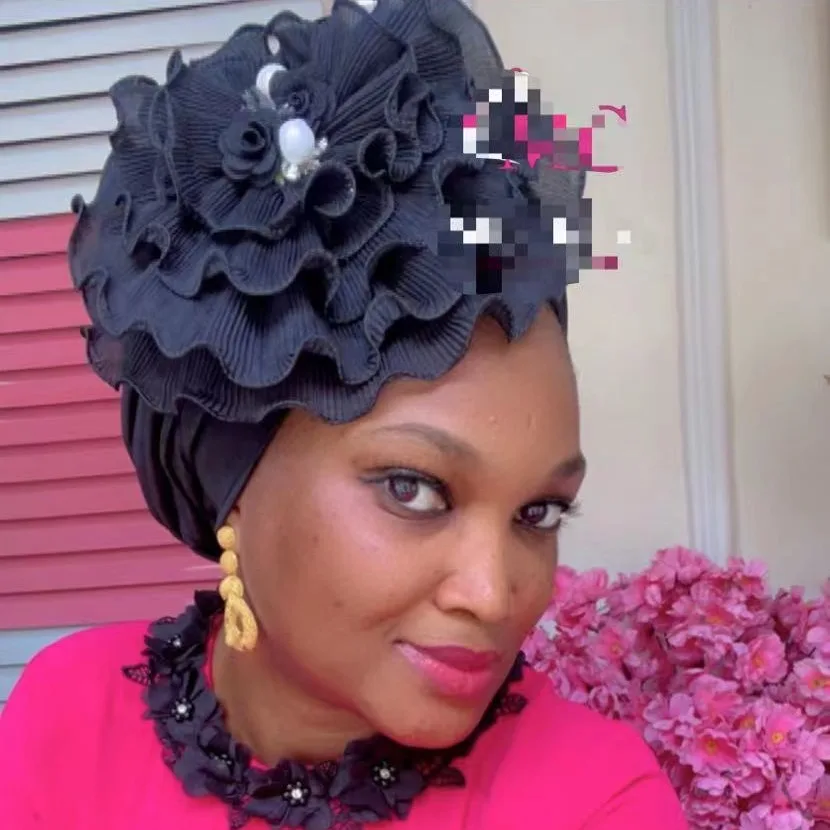 Big Flower Turban Cap for Women Pleated Head Wraps African Auto Gele Headtie Nigeria Wedding Party Headpiece