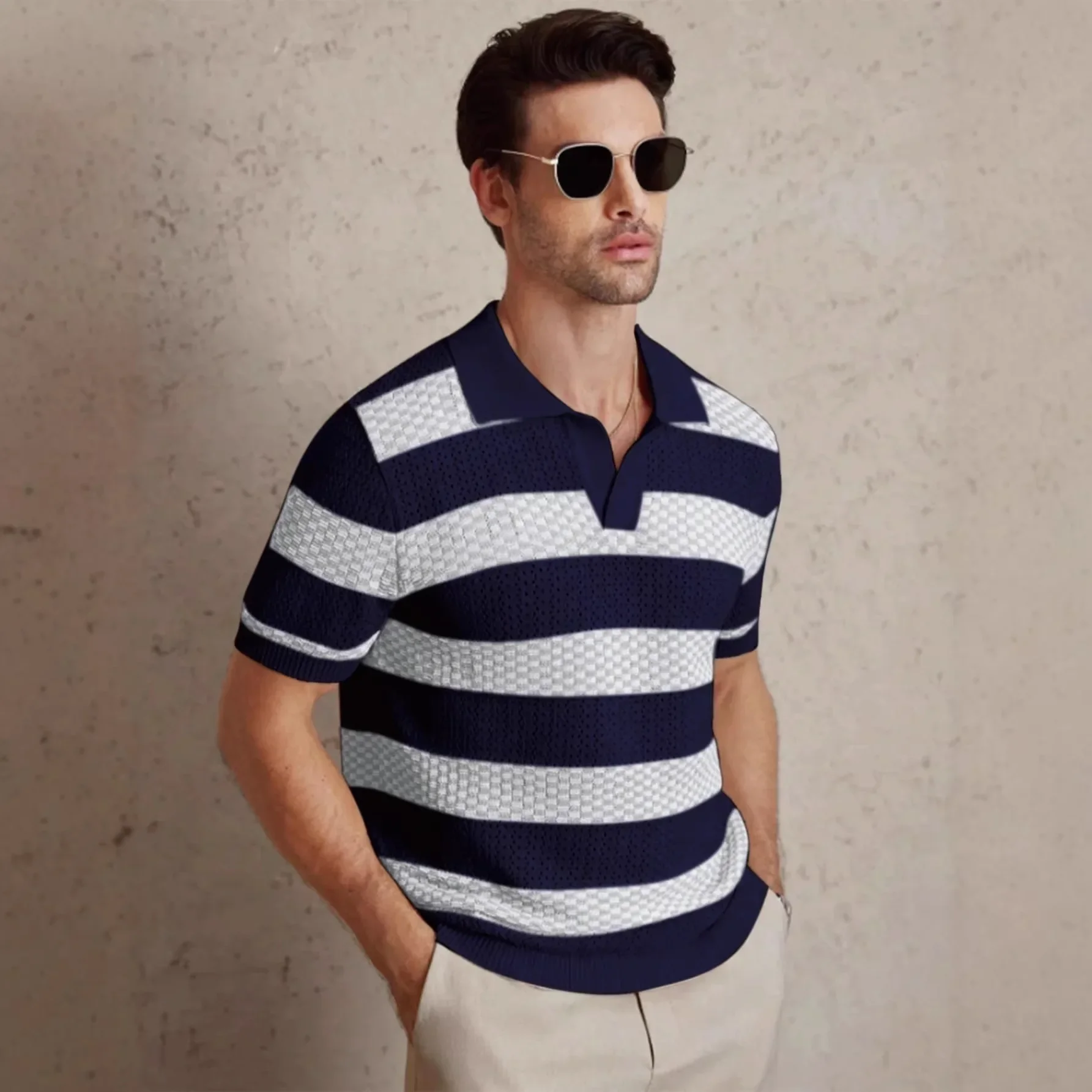 European American New Fashion Men Color-coded Striped Short Sleeve Turn-down Collar Simple Basic Casual Trendy Polo Shirts Male