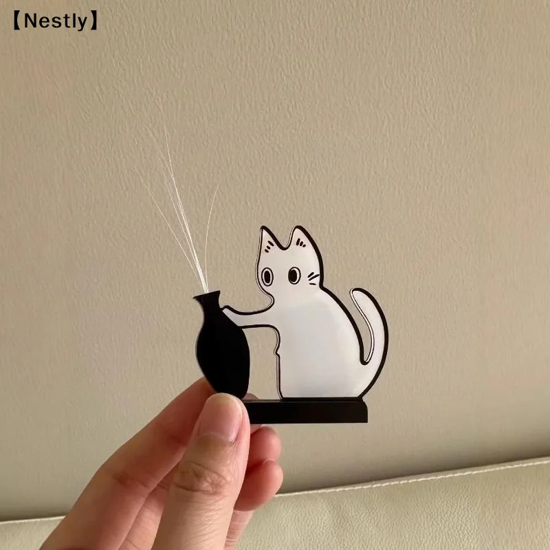 Acrylic Cat Whiskers Collection Ornaments Magnetic Cartoon Cat Hair Storage Cat Pushing Vase Decor Refrigerator Magnet〔Nest〕