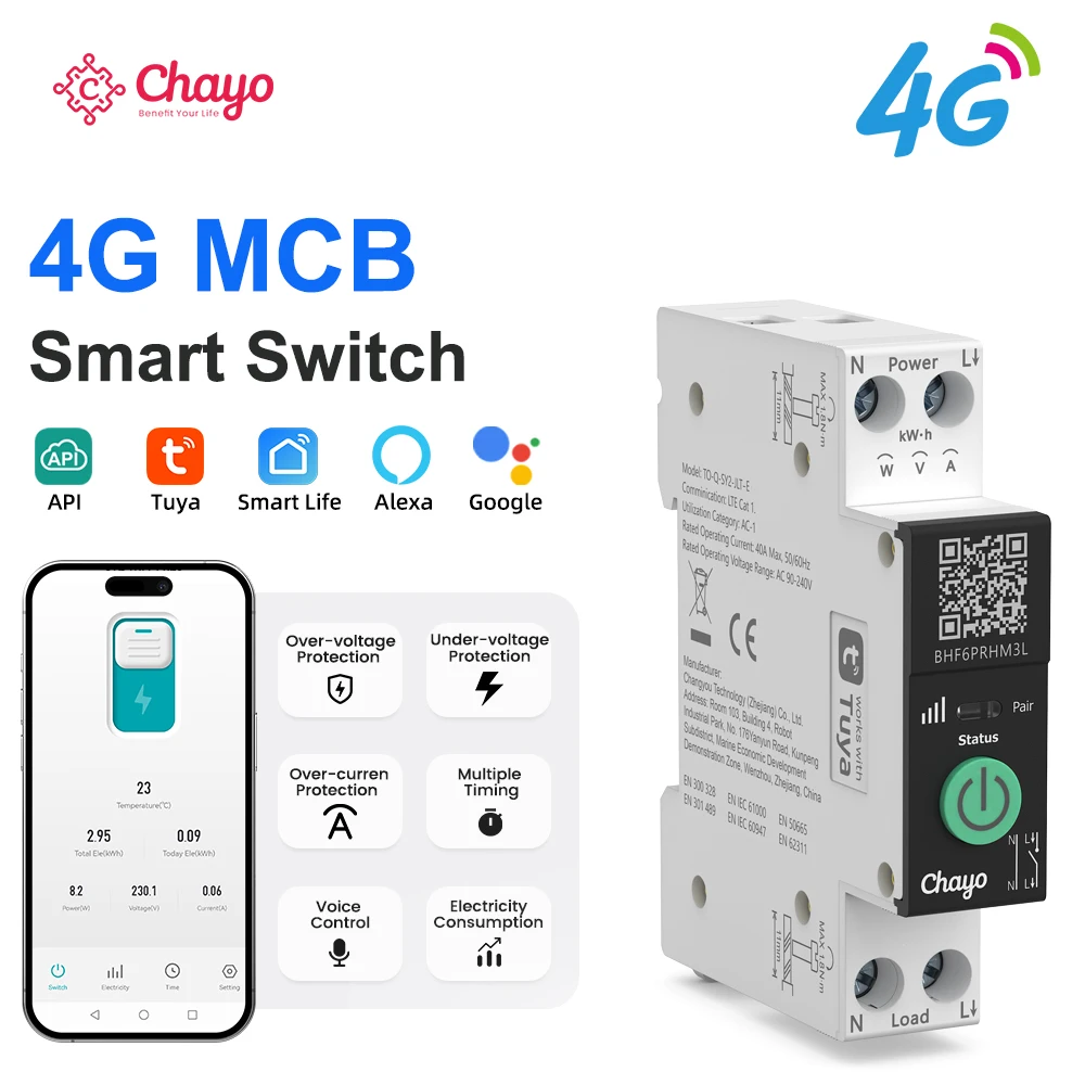Chayo 4G Din Rail Smart MCB Switch Tuya Smart Life Energy Meter Over Under Voltage Overheat Overload Timing Voice Alexa Google
