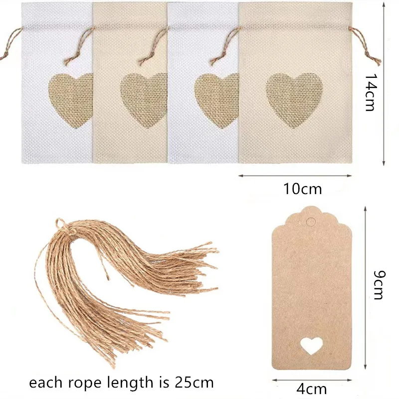 50 Pcs Wedding Candy Drawstring Jute Bags Heart Sewing Christmas Package Pouches 10x14cm Party Gift Pocket with Tags