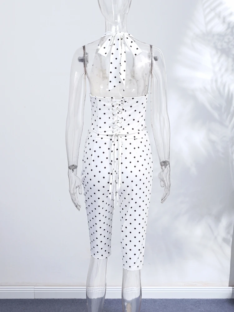 Polka Dot Halter-Korsett-Top, Dreiviertel-Hosenanzüge für Damen, sexy U-Ausschnitt, ärmellos, rückenfrei, Schnür-Tops, Etui-Hosen-Outfits – Detail 4