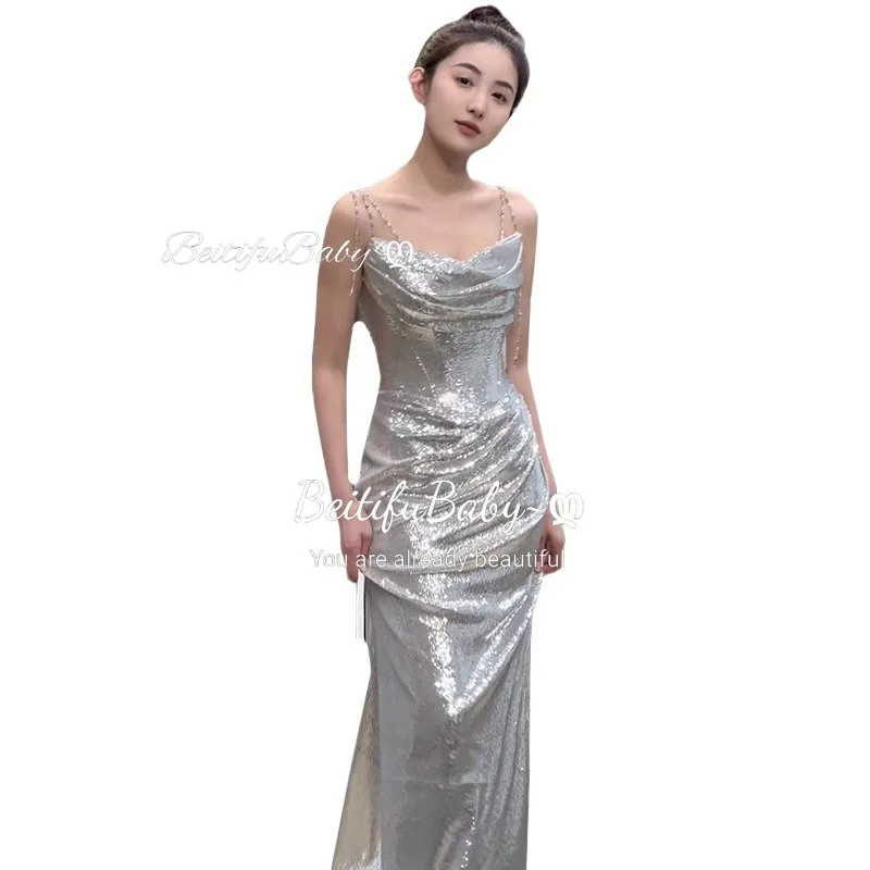 BeitifuBaby Simple Style Evening Party Dresses for Women Fashion Off The Shoulder Sleeveless Banquet Gown Sliver Formal Dress