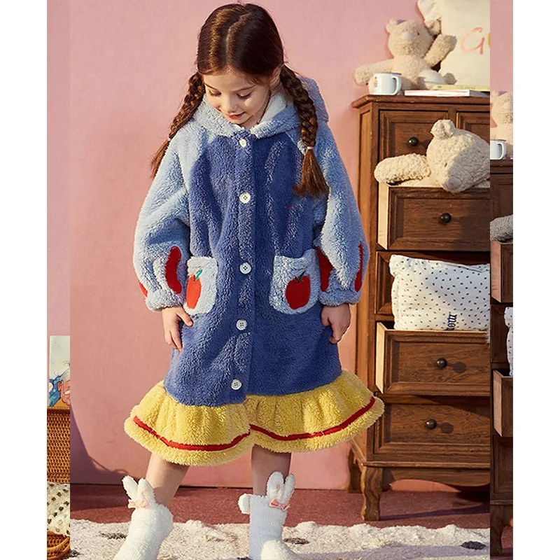 Snow White Children\'s Robes Autumn Winter Thick Nightgown Girls Coral Fleece Home Clothes Loose Cute Lovely Cartoon Pajamas