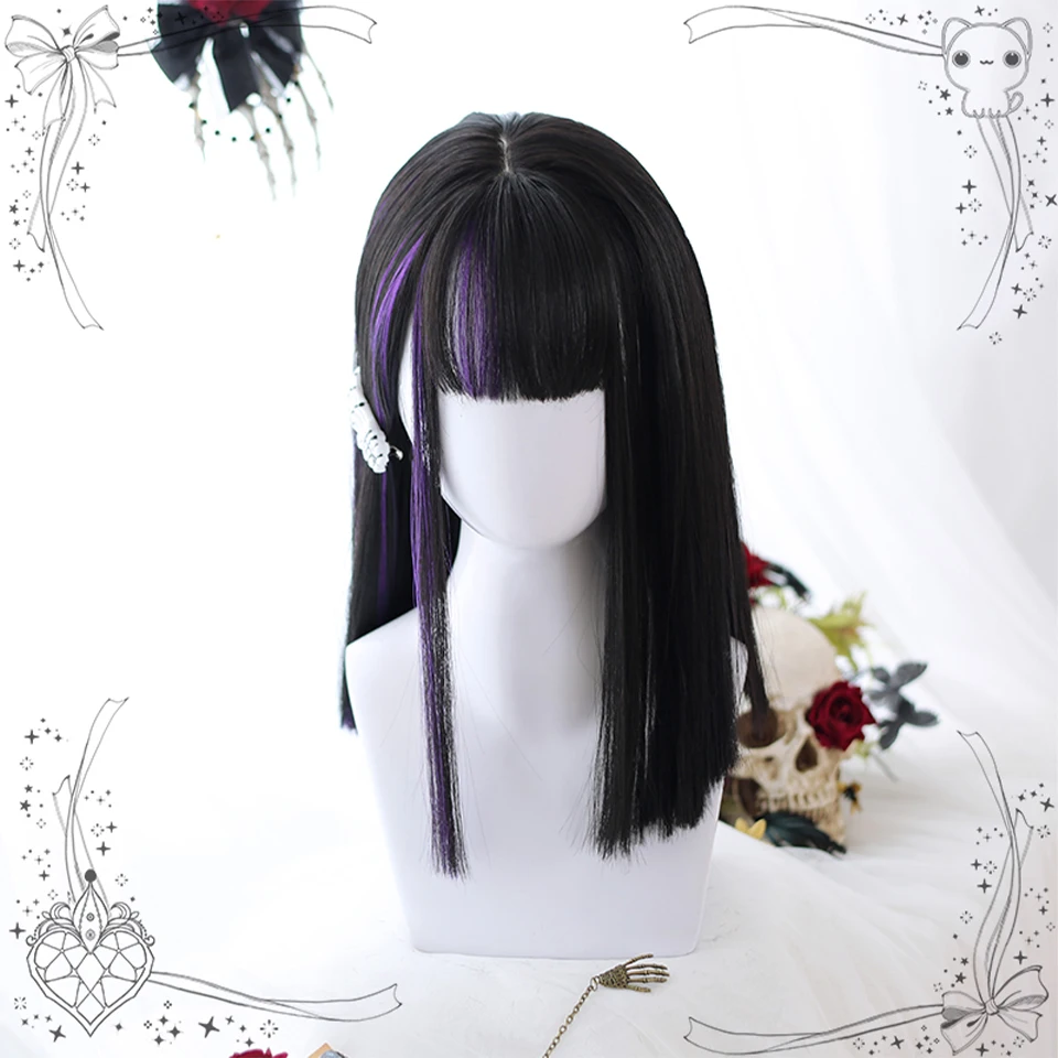 EAST Long Ombre Colorful Synthetic Cosplay Lolita Harajuku Wig With Bangs Natural Wavy Wigs Black Highlights Purple Daily Wig