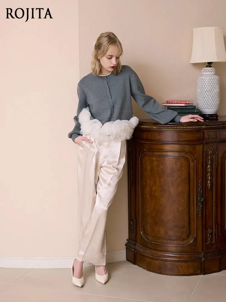 

Soft Elastic Knitted Short Cardigan Hem Tulle Splicing Ruffle Edge Gorgeous Knitted Long-sleeved Crew Neck Women's Cardigan