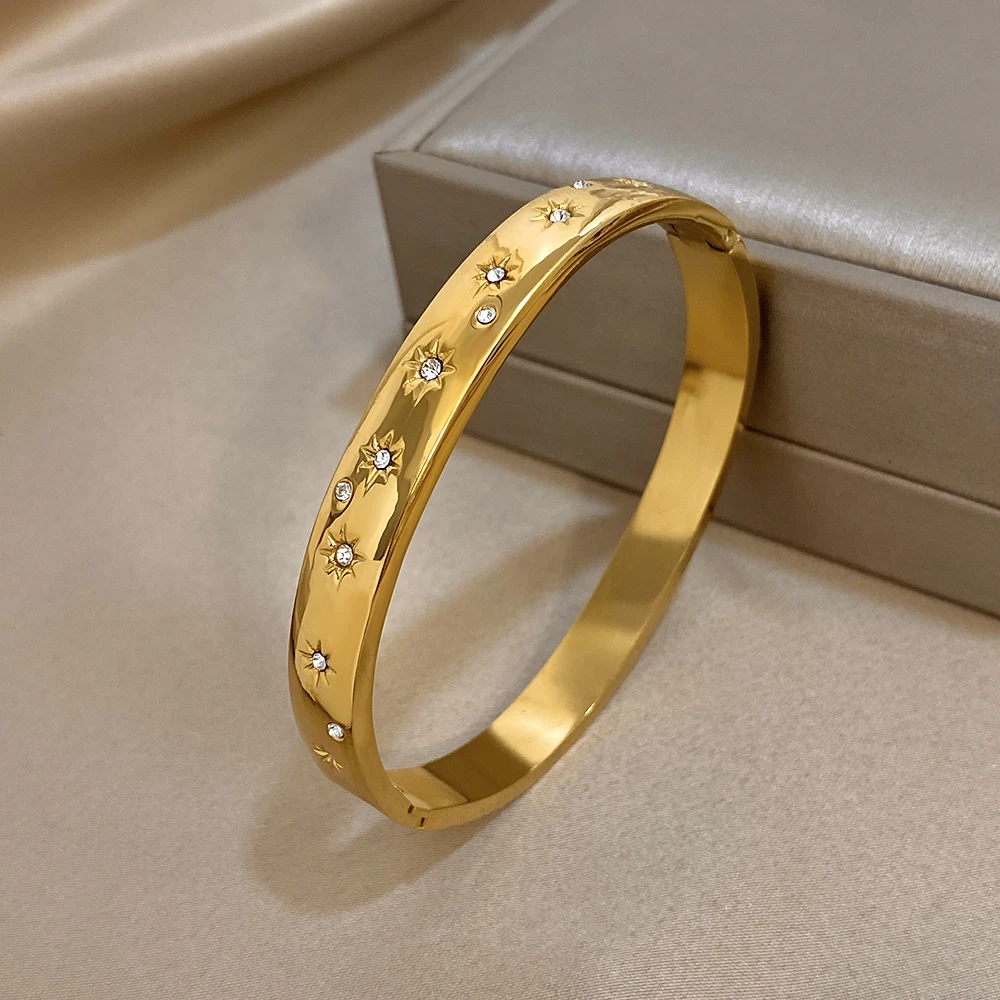 DODOHAO بسيط لامع جولة الفولاذ المقاوم للصدأ الكفة سوار المرأة موضة حجر الراين الشمس الربيع مشبك مفتوح الإسورة مجوهرات هدايا