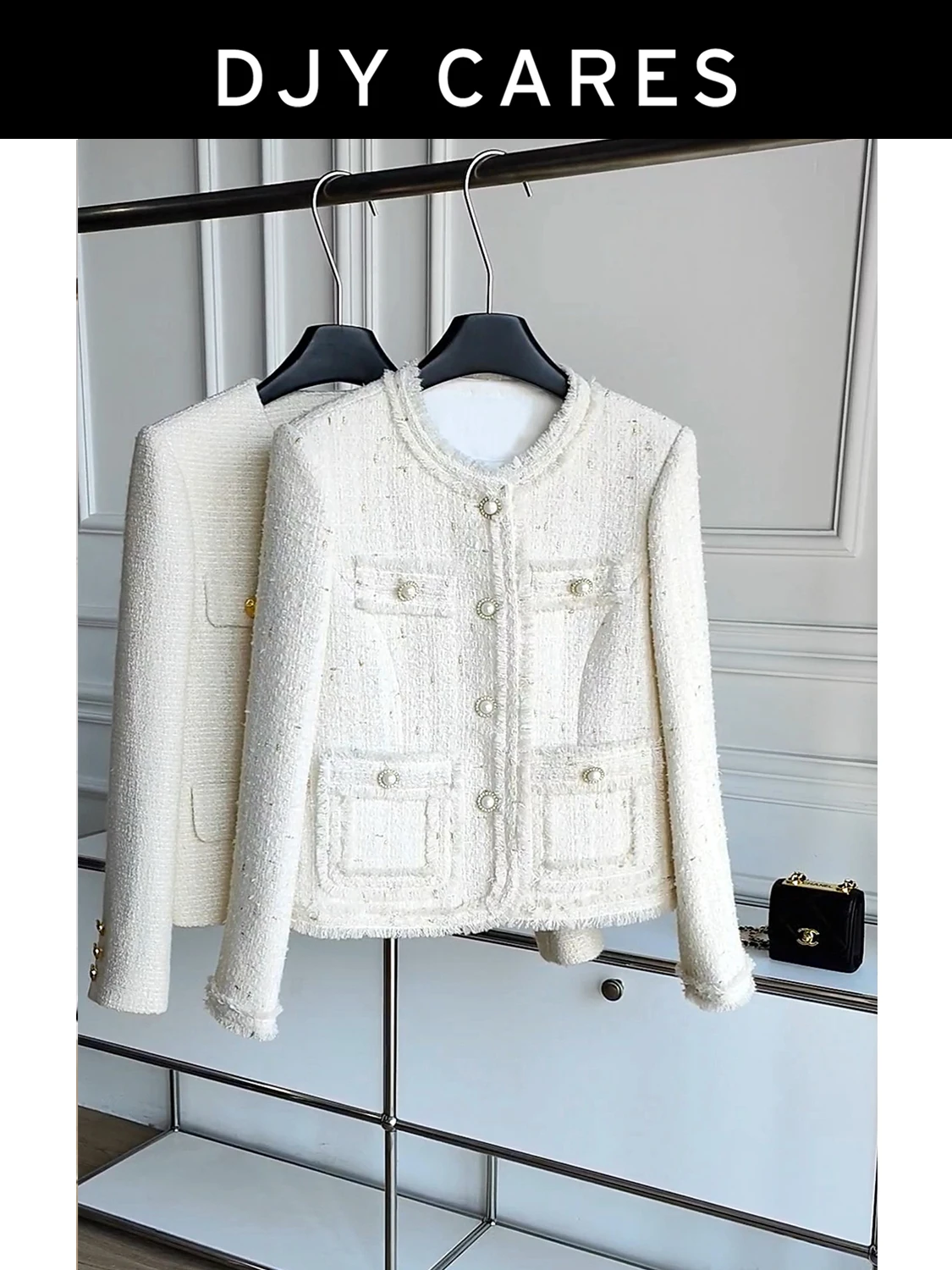

New Coarse tweed round neck gold wire coat, hand brushed long sleeved shirt with temperament