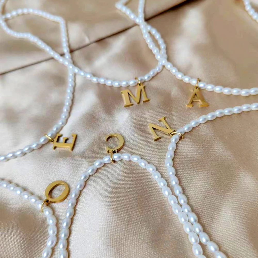 eManco Faux Pearl Initial Necklace Stainless Steel Collar Necklace Korean DIY Alphabet Accessories Name Customization
