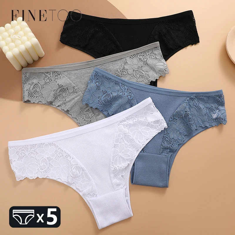 5Pcs Cotton Brazilian Panties Patchwork Lace Underwear for Women Sexy Low Waist Floral G-string Female Striped Thongs Lingerie