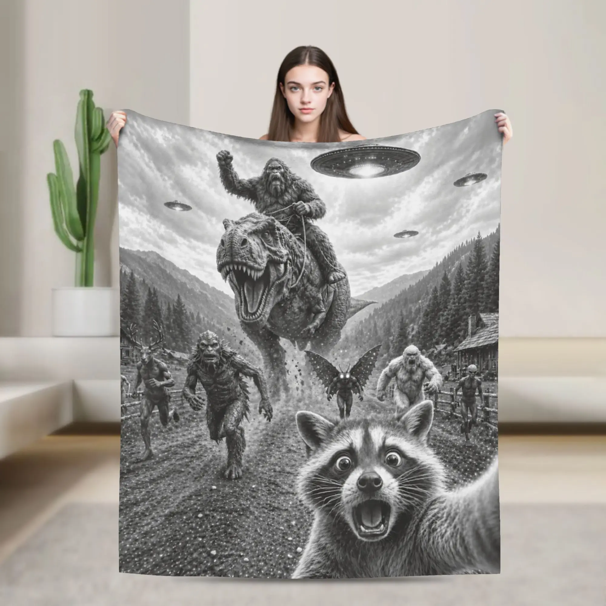 Funny Bigfoot Ride Dinosaur Raccoon Blanket Cozy Soft  Throw Blankets for Sofa 50x60 Inch Multi-size Bedding Throws