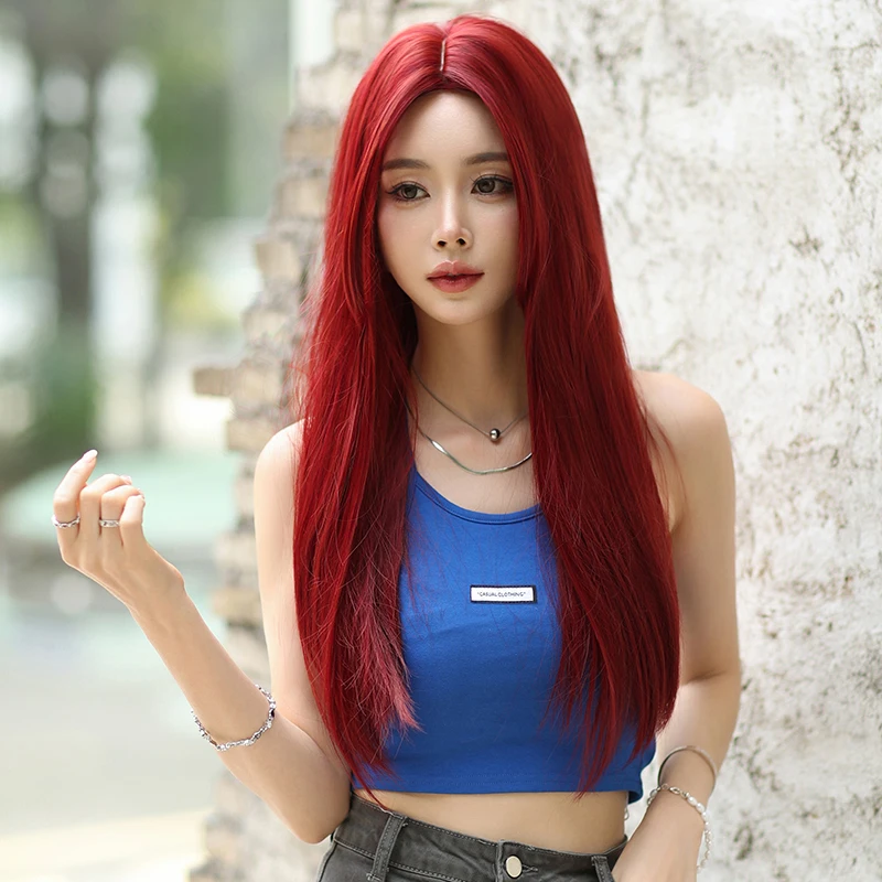 7JHH WIGS Costume Wig Synthetic Long Straight Red Wig for Women Cosplay High Density Scarlet Middle Part Hair Lolita Wigs