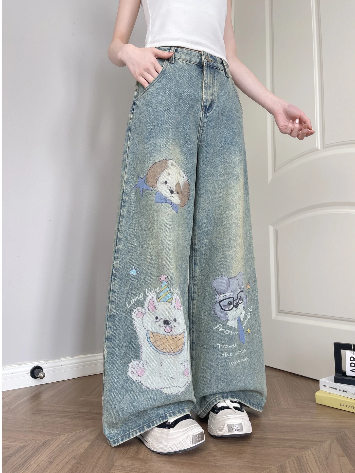 Cute Cartoon Dog Print High Waist Distressed Denim Wide Leg Pants Women's Slimming Jeans Casual Sweet Style Summer Trousers