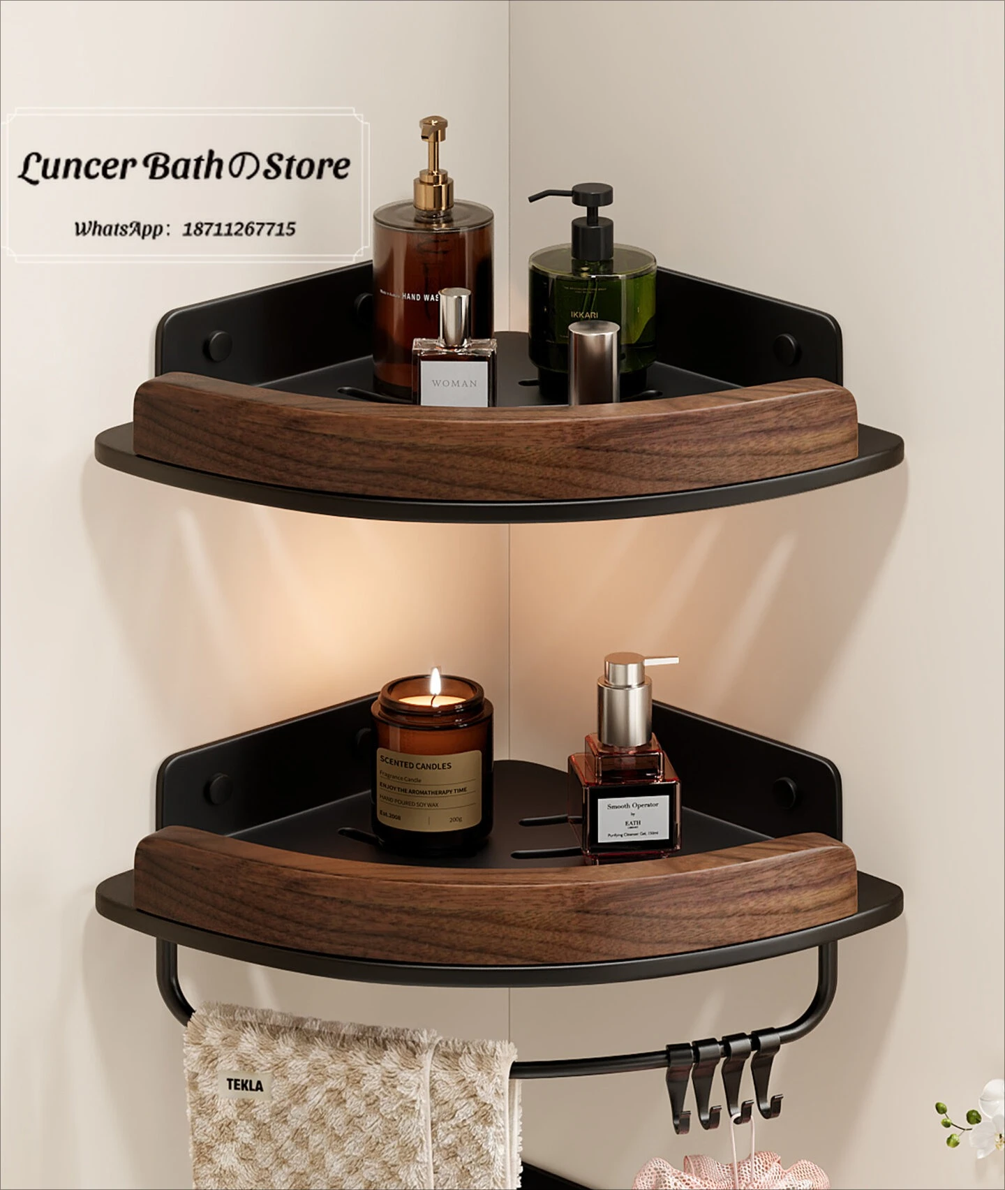 Walnut Wood Corner Shelf, No Drilling Triangle Shower Rack for Bathroom, Toilet Skincare Organizer