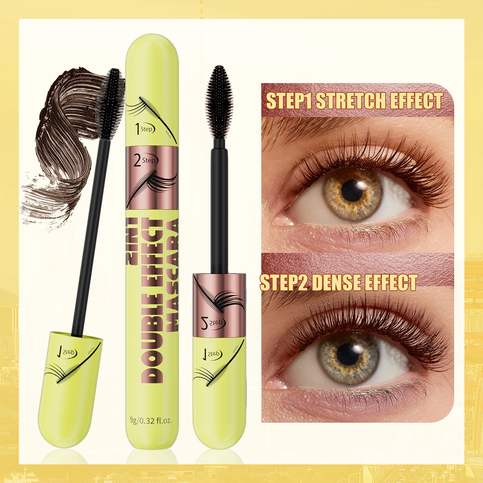 [Dual Brush Heads Brown Mascara] Waterproof Brown Mascara with Dual Brush Heads - Smudge-Proof, Clump-Free for Longer
