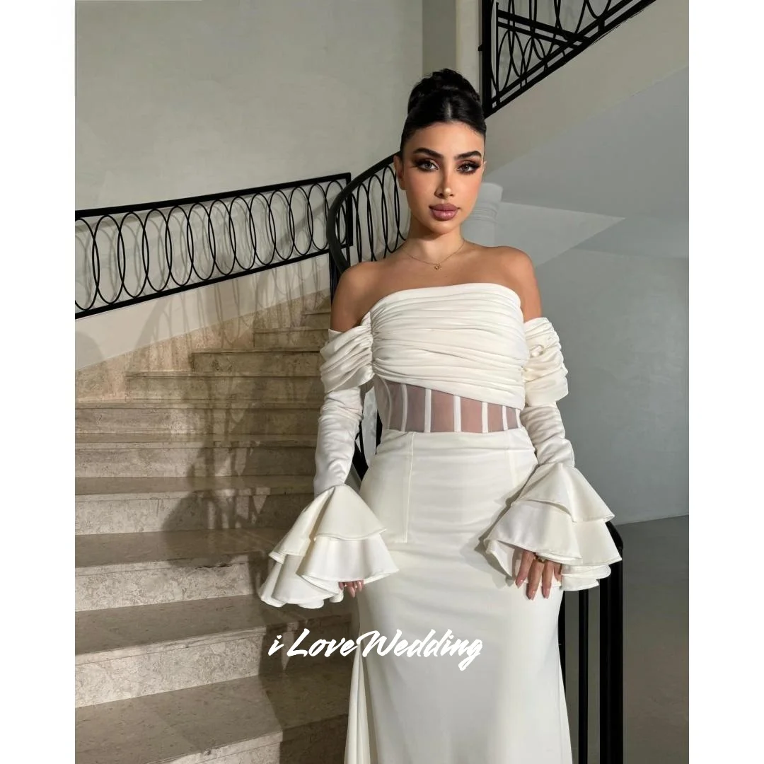 

Белые платья для выпускного вечера без бретелек 2025 с открытыми плечами и длинными рукавами Русалка с открытой спиной длиной до пола, плиссированное свадебное платье по индивидуальному заказу