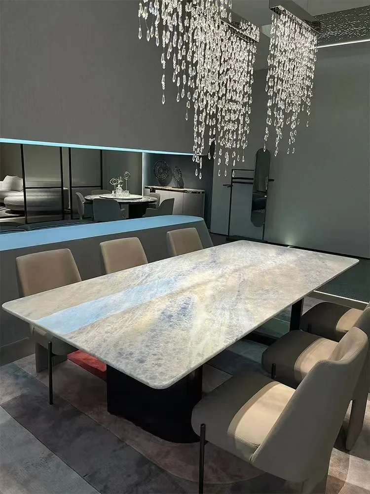 Luxury stone blue crystal dining table Italian minimalist villa luxury mansion high-end natural marble rectangular dining table