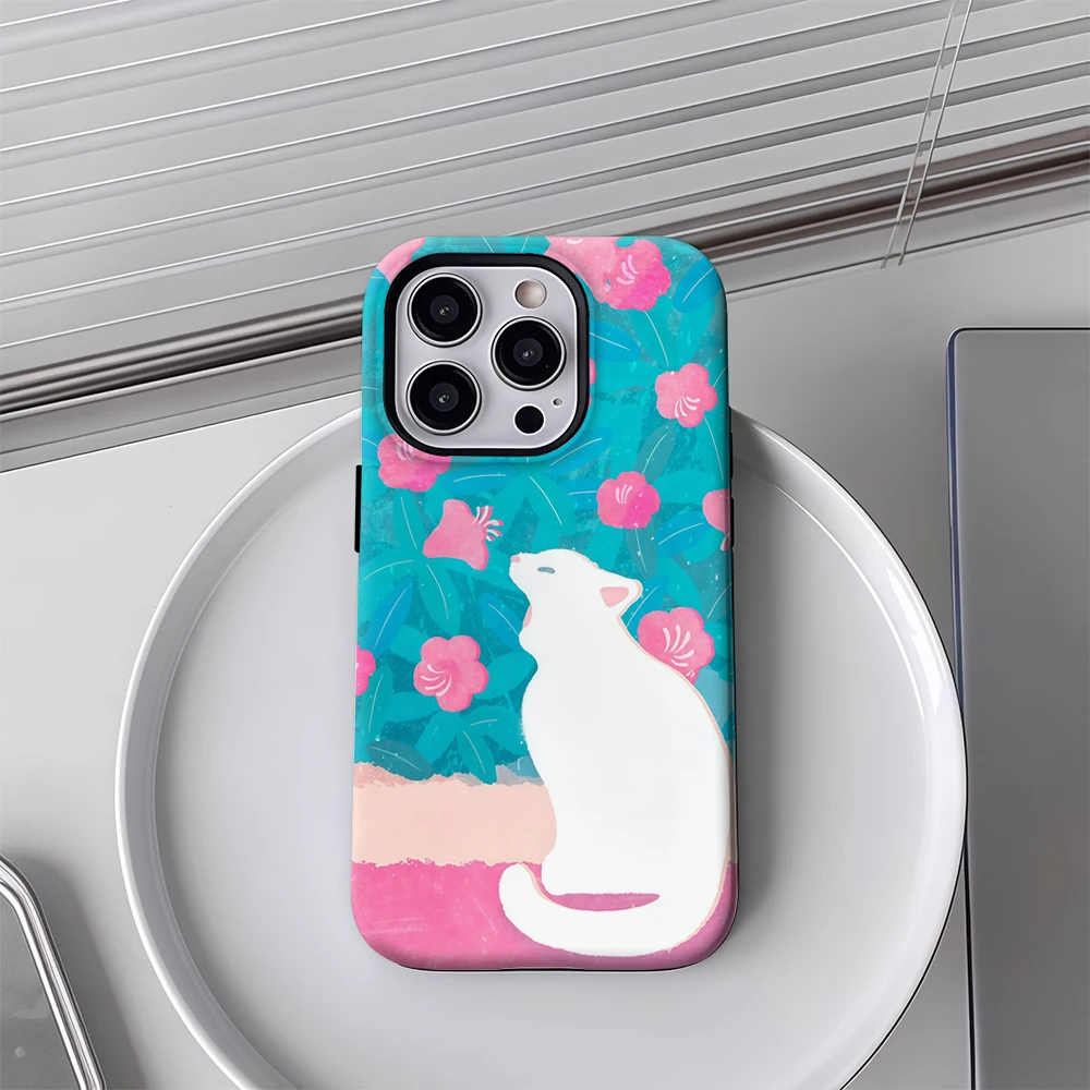 White Cat Among Blossoms Phone Case for Samsung Galaxy S20 S23 S24 S25 S26 FE Plus Ultra Edge 5G Luxury Double-layer Back Cover